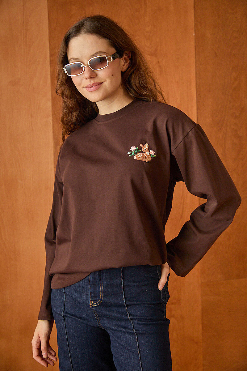 Nakışlı Basic Uzun Kollu Tişört Kahve - 3