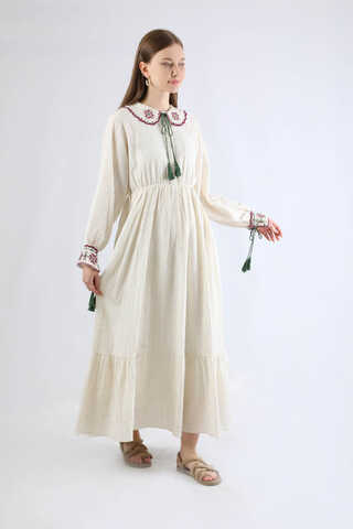 Nakışlı Bebe Yaka Elbise Bordo - 1