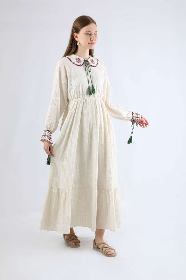 Nakışlı Bebe Yaka Elbise Bordo - 1