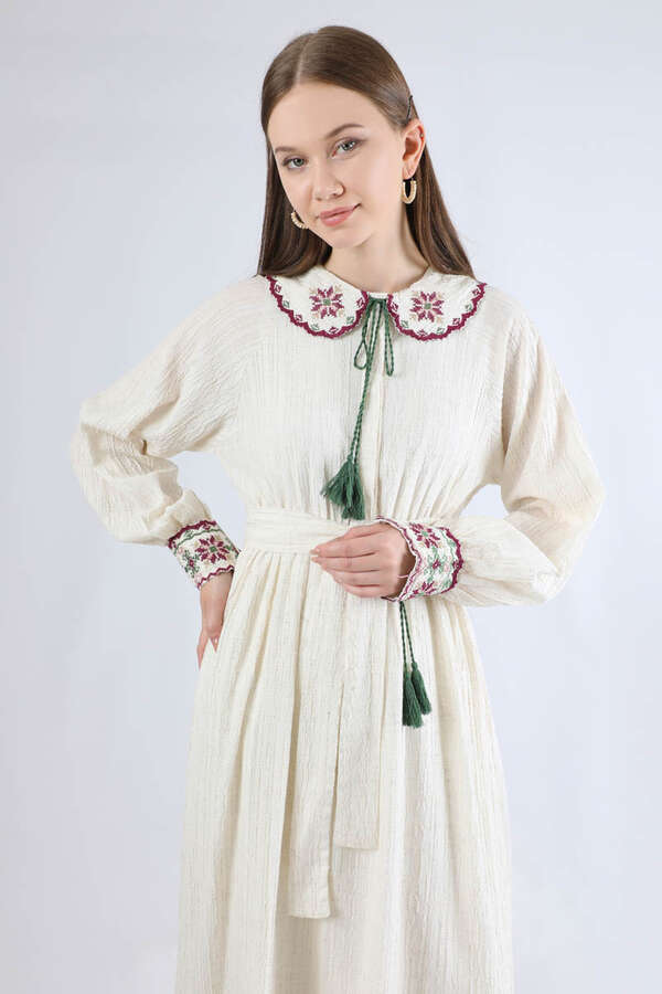 Nakışlı Bebe Yaka Elbise Bordo - 2