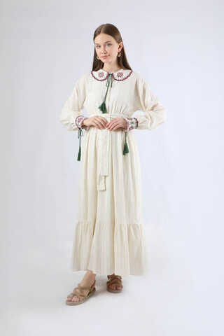 Nakışlı Bebe Yaka Elbise Bordo - 3