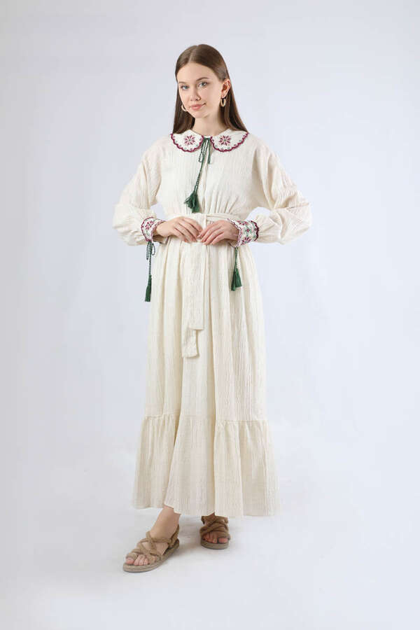 Nakışlı Bebe Yaka Elbise Bordo - 3