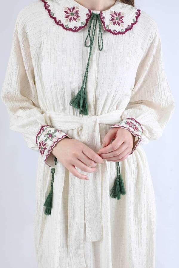 Nakışlı Bebe Yaka Elbise Bordo - 4