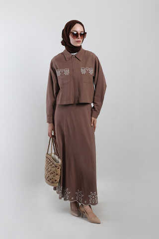 Nakışlı Etek Takım Kahverengi - 2