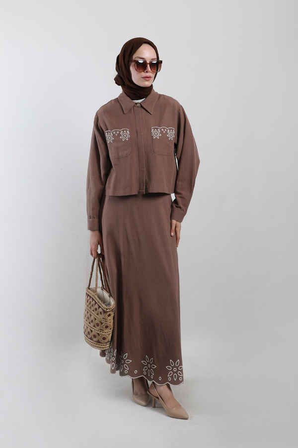 Nakışlı Etek Takım Kahverengi - 2