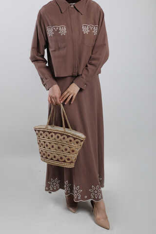Nakışlı Etek Takım Kahverengi - 1