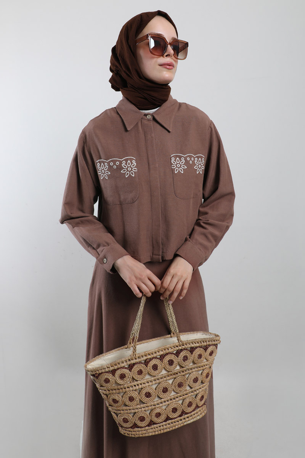 Nakışlı Etek Takım Kahverengi - 3