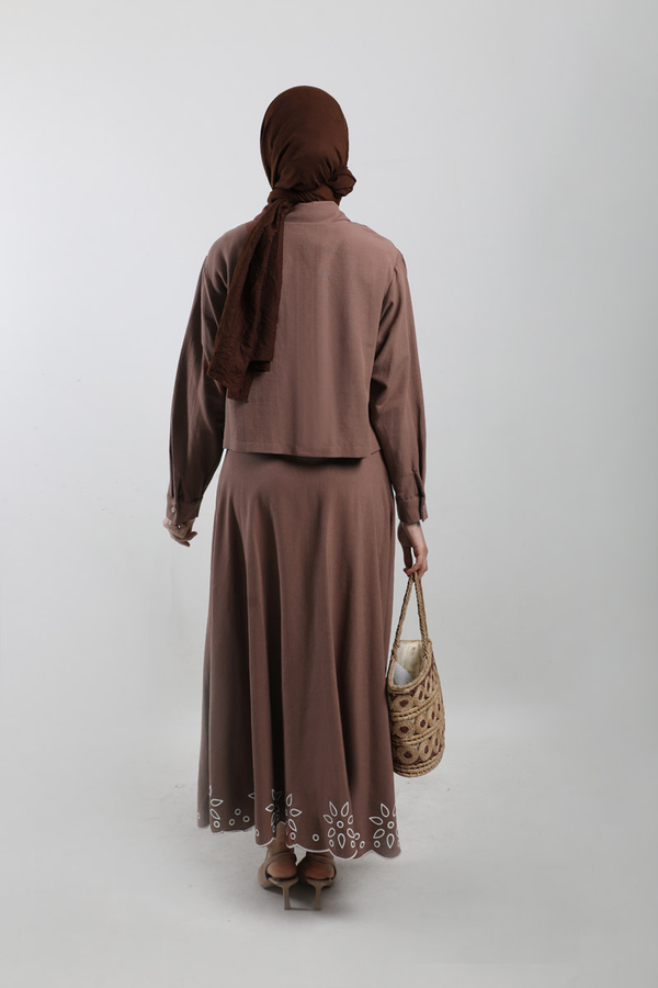Nakışlı Etek Takım Kahverengi - 7