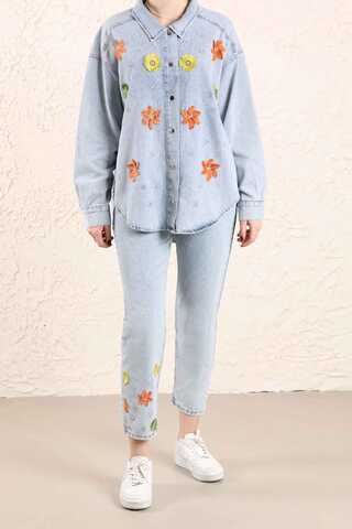 Nakışlı Kot Pantolon Açık Mavi - 2