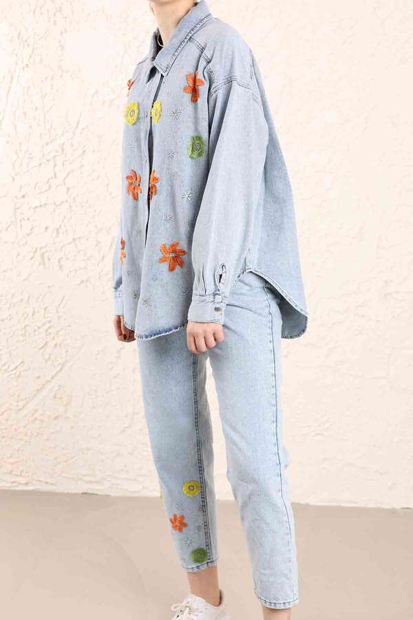 Nakışlı Kot Pantolon Açık Mavi - 4