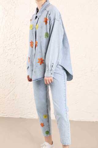 Nakışlı Kot Pantolon Açık Mavi - 4