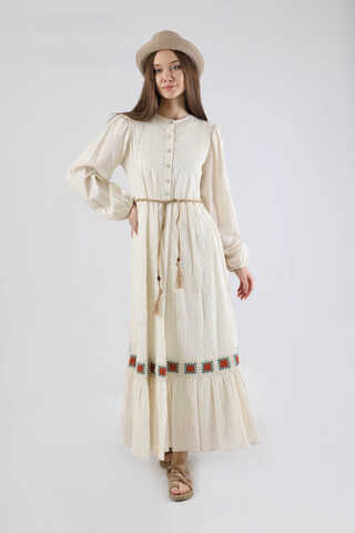 Nakışlı Krinkıl Elbise Bordo - 1