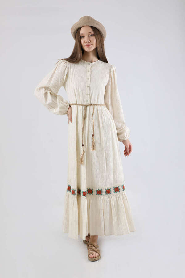 Nakışlı Krinkıl Elbise Bordo 