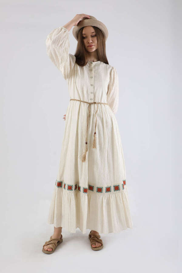 Nakışlı Krinkıl Elbise Bordo - 3