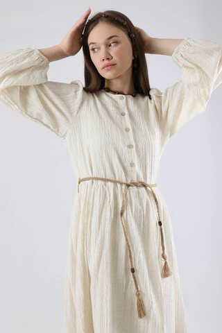 Nakışlı Krinkıl Elbise Pudra - 2