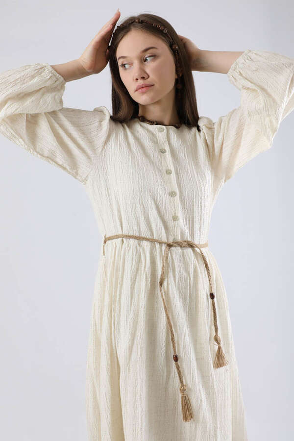 Nakışlı Krinkıl Elbise Pudra - 2