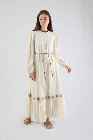 Nakışlı Krinkıl Elbise Pudra - 3