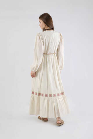 Nakışlı Krinkıl Elbise Pudra - 5