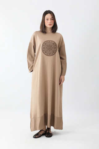 Nakışlı Sweat Elbise Camel - 1