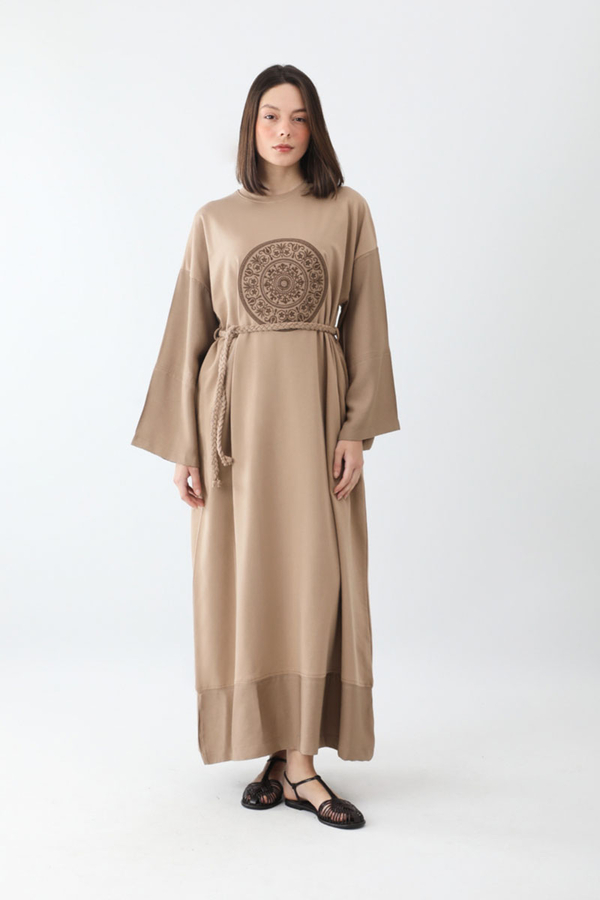 Nakışlı Sweat Elbise Camel - 2
