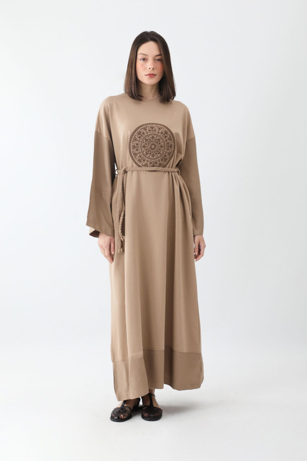 Nakışlı Sweat Elbise Camel - 3