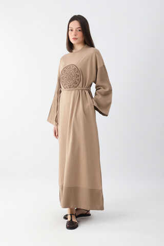 Nakışlı Sweat Elbise Camel - 4