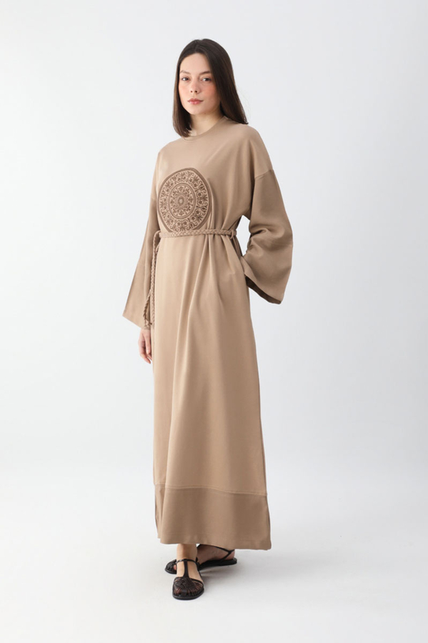 Nakışlı Sweat Elbise Camel - 4