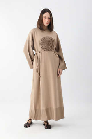 Nakışlı Sweat Elbise Camel - 6