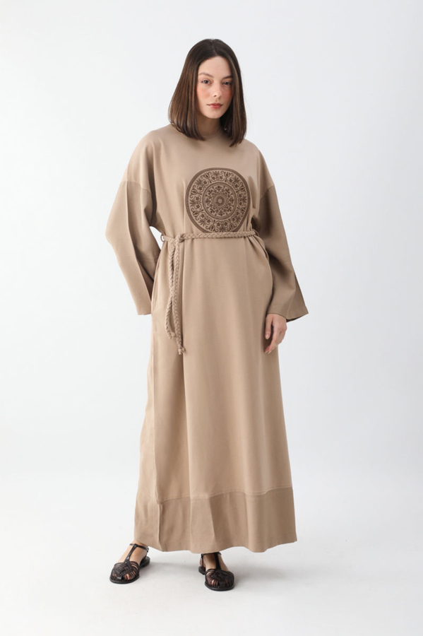 Nakışlı Sweat Elbise Camel - 6