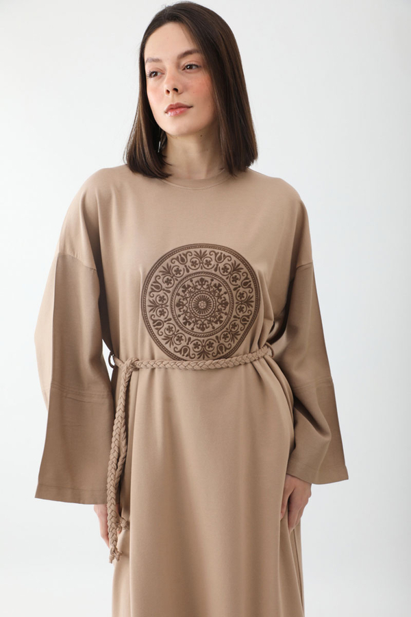 Nakışlı Sweat Elbise Camel - 8