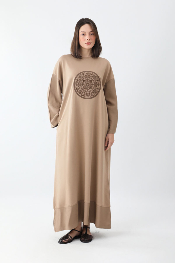 Nakışlı Sweat Elbise Camel - 1