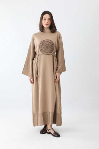 Nakışlı Sweat Elbise Camel - 2