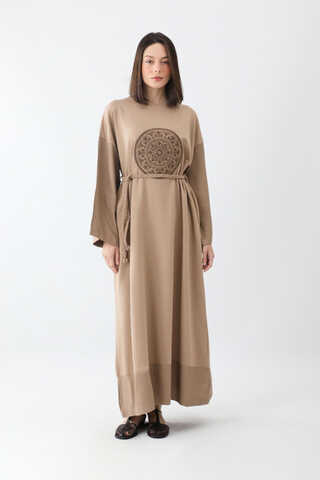 Nakışlı Sweat Elbise Camel - 3