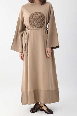 Nakışlı Sweat Elbise Camel - 5