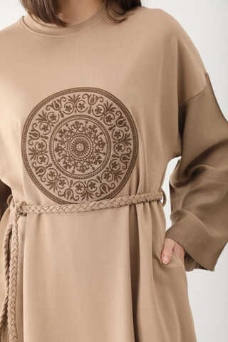 Nakışlı Sweat Elbise Camel - 10
