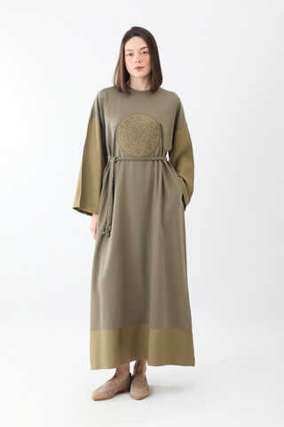 Nakışlı Sweat Elbise Haki - 1