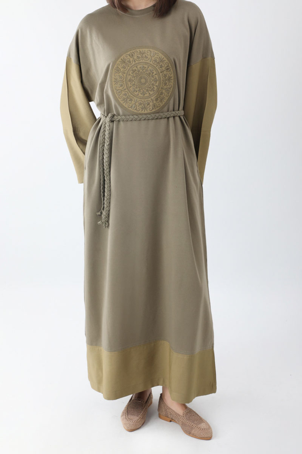 Nakışlı Sweat Elbise Haki - 6