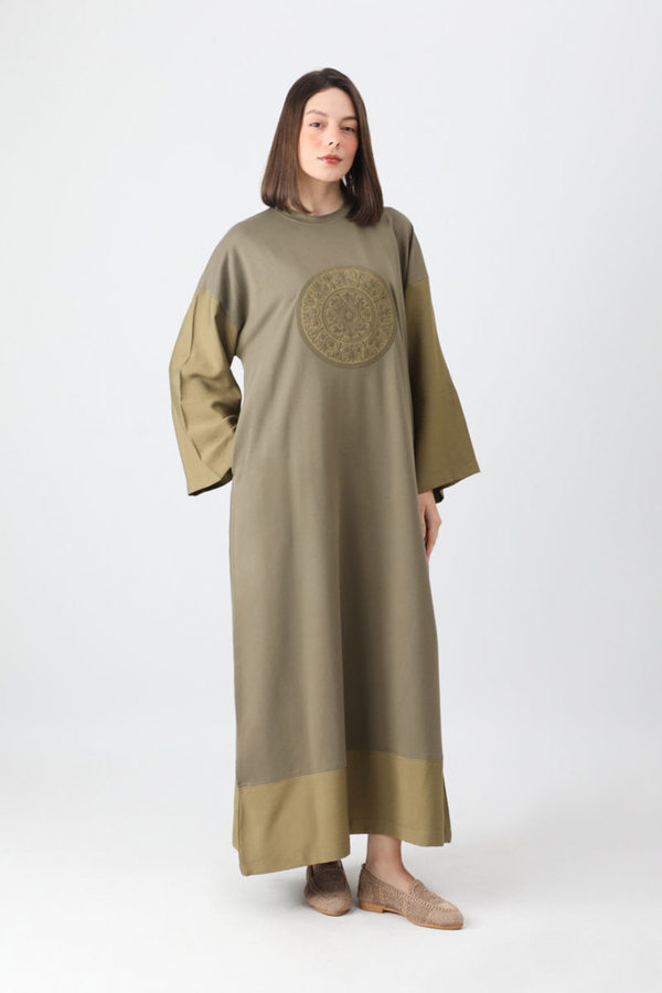 Nakışlı Sweat Elbise Haki - 3