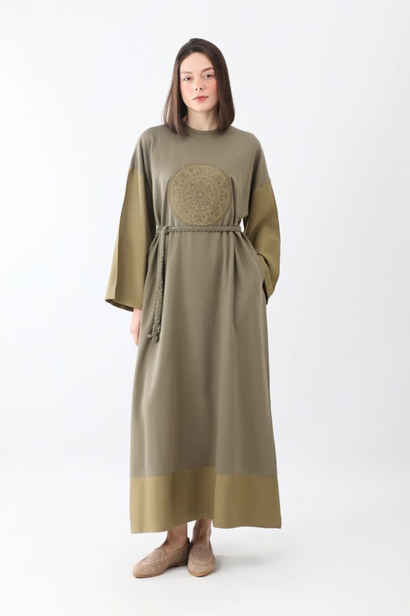 Nakışlı Sweat Elbise Haki - 1