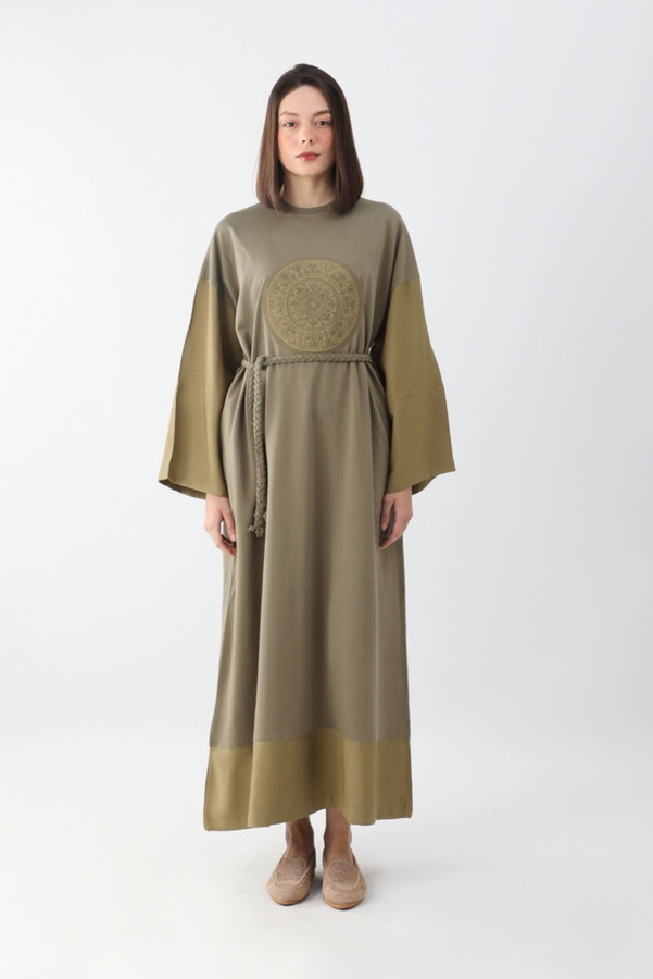 Nakışlı Sweat Elbise Haki - 4
