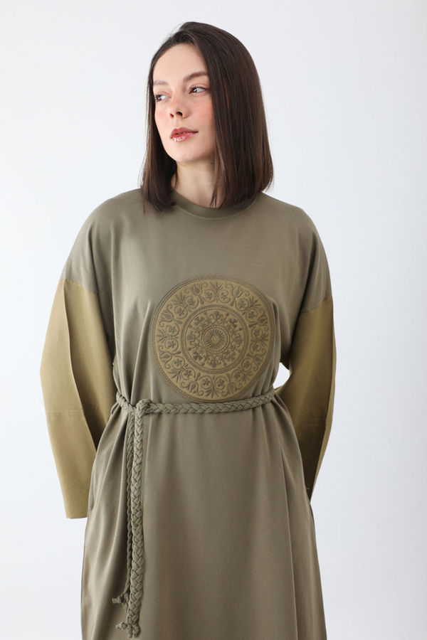 Nakışlı Sweat Elbise Haki - 7