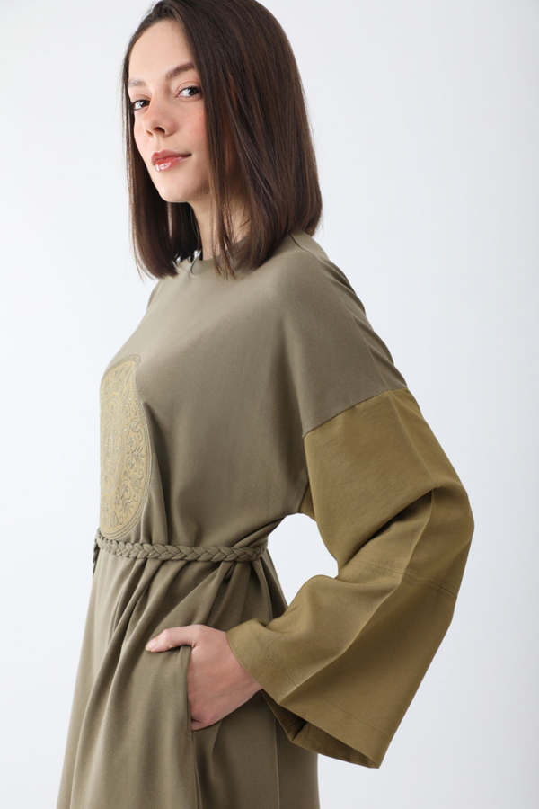 Nakışlı Sweat Elbise Haki - 8