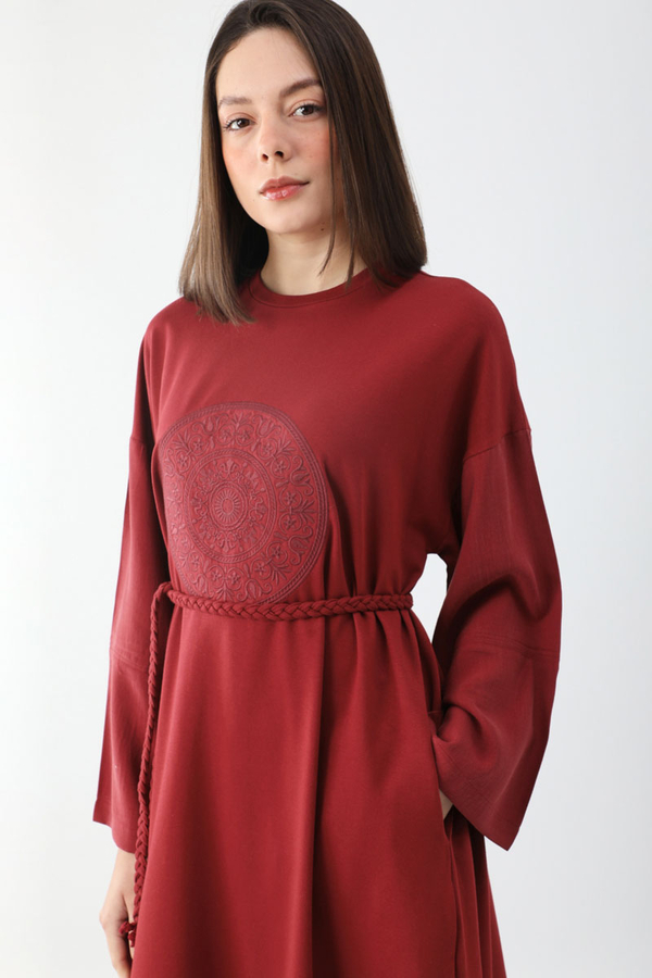 Nakışlı Sweat Elbise Kırmızı 