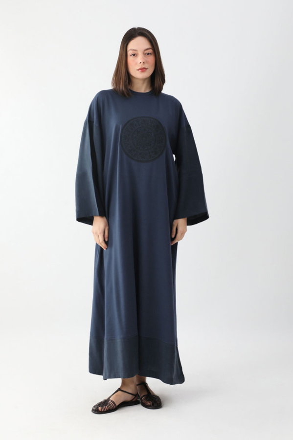 Nakışlı Sweat Elbise Lacivert - 1