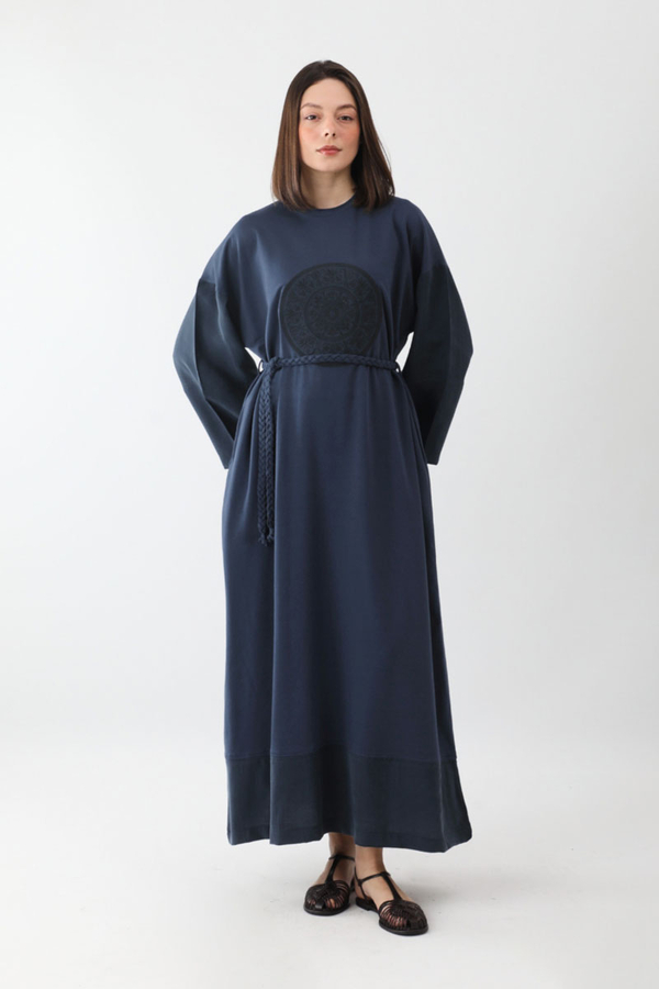 Nakışlı Sweat Elbise Lacivert - 3