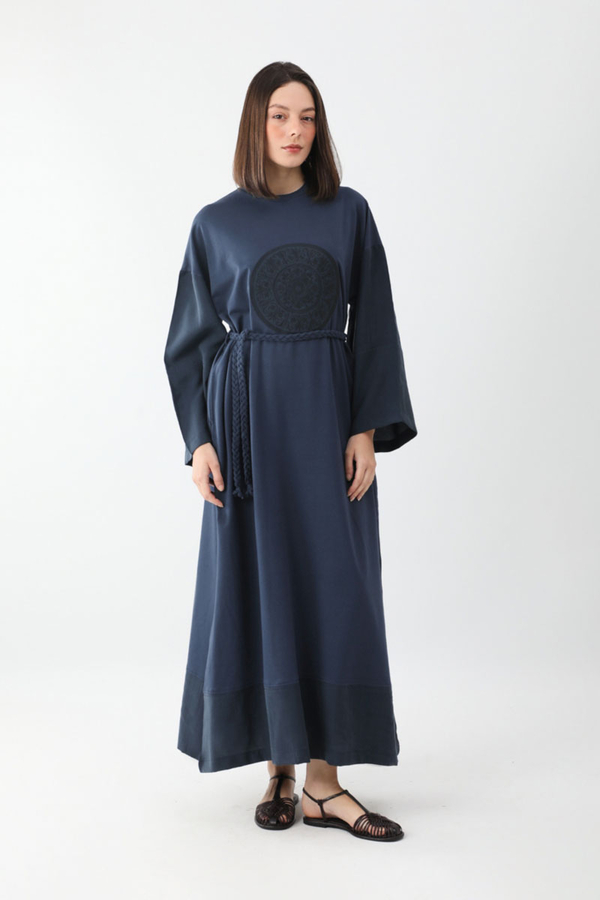 Nakışlı Sweat Elbise Lacivert - 4