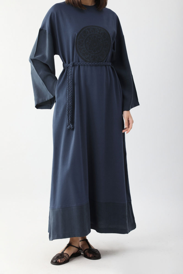 Nakışlı Sweat Elbise Lacivert - 5