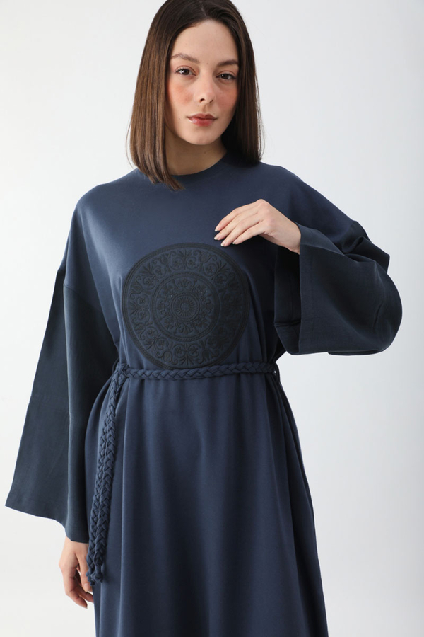 Nakışlı Sweat Elbise Lacivert - 6