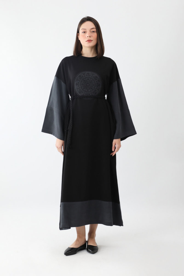 Nakışlı Sweat Elbise Siyah - 1
