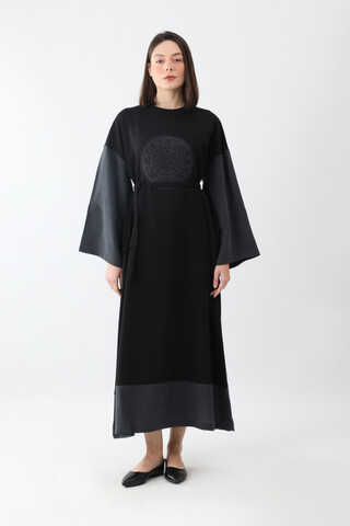 Nakışlı Sweat Elbise Siyah - 1